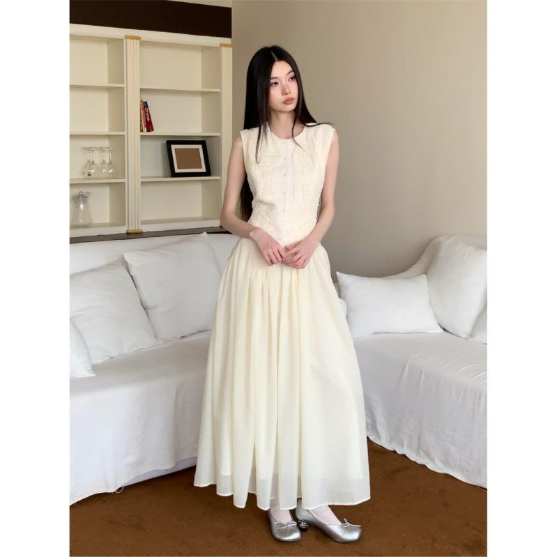 ワンピース レディース ノースリーブ レース メッシュ 切り替え エレガント フレンチシック スリムフィット ウエストマーク 細見え ロング丈 クルーネック オフホワイト 春夏