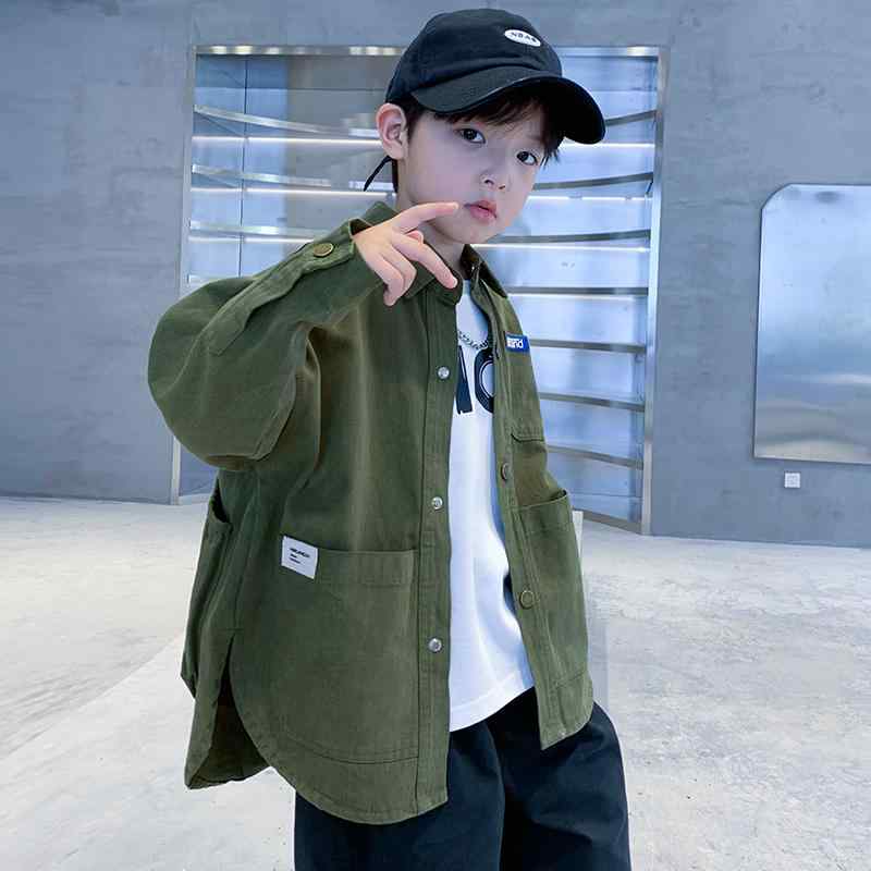 シャツ 男の子 子供 春秋 上着 羽織り おしゃれ かっこいい 無地 襟付き 前ボタン 綿 普段使い 定番 緑 紺