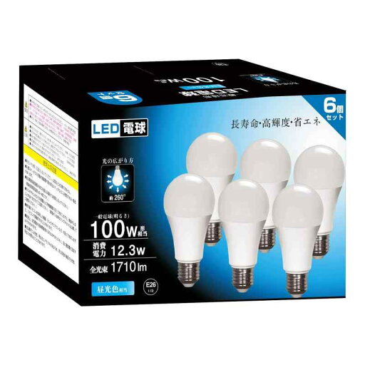 LED電球 E26口金 100W形相当 電球色 12.3W 1580ルーメン 2700K 高輝度 広配光タイプ 高演色 省エネ 密閉形器具対応 調光不可 PSE認証済み 6個パック LED電球 E26口金 100W形相当 電球色 12.3W 1580ルーメン 2700K 高輝度 広配光タイプ 高演色 省エネ 密閉形器具対応 調光不可 PSE認証済み 6個パック