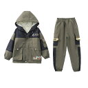 上下揃い 男の子 子供 少年 秋冬 裏起毛 厚手 作業服風 フード付き ファスナー式 フード付き上着 上着 ズボン 2点セット 上下セット 綿混 普段使い 通学 普段着 あったか かっこいい おしゃれ 黒 深緑 生成り色