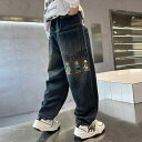 デニムパンツ 男の子 キッズ 子供服 ジュニア 春秋 長ズボン ロングパンツ カジュアル おしゃれ かっこいい ゆったり ブルー キャラクタープリント ウォッシュ加工