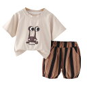 ベビー服 男の子 夏 半袖 Tシャツ ショートパンツ 上下セット 韓国風 コットン ポリエステル 薄手 キャラクタープリント 幼児 普段着 部屋着 カーキ色 焦げ茶色