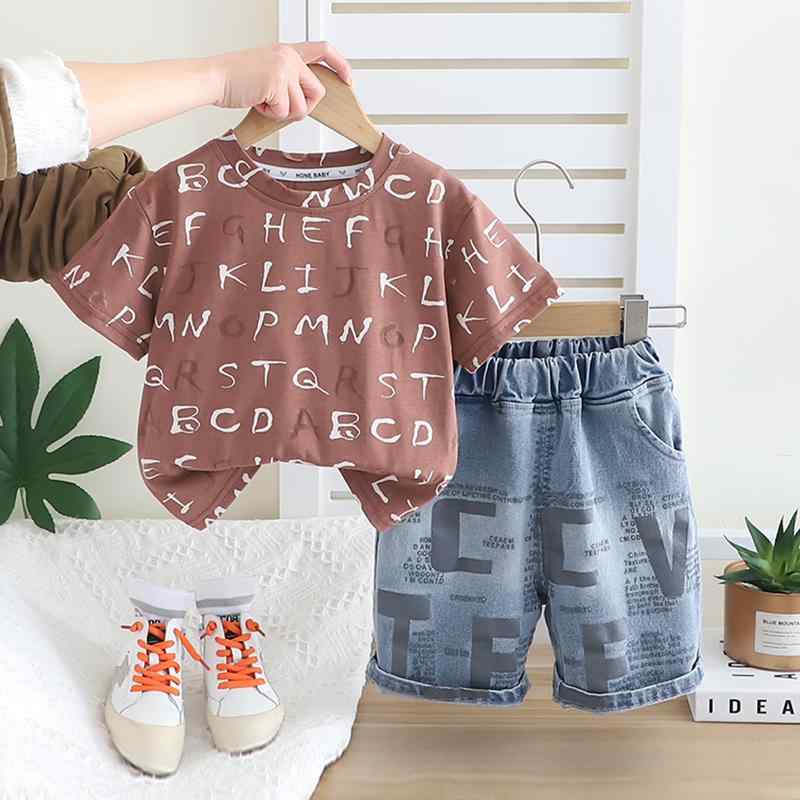 ベビー服 男の子 半袖Tシャツ ショートパンツ 上下セット 薄手 夏 カジュアルウェア 2点セット 乳幼児 赤ちゃん 綿 ポリエステル混紡 オフホワイト 薄茶色 普段着 部屋着 お出かけ