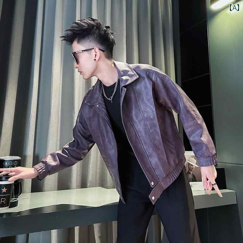 アウター メンズ カジュアル おしゃれ トレンディ パープル レザージャケット 韓国 トレンディ オートバイ pu 服 トップス 春秋 ジャケット