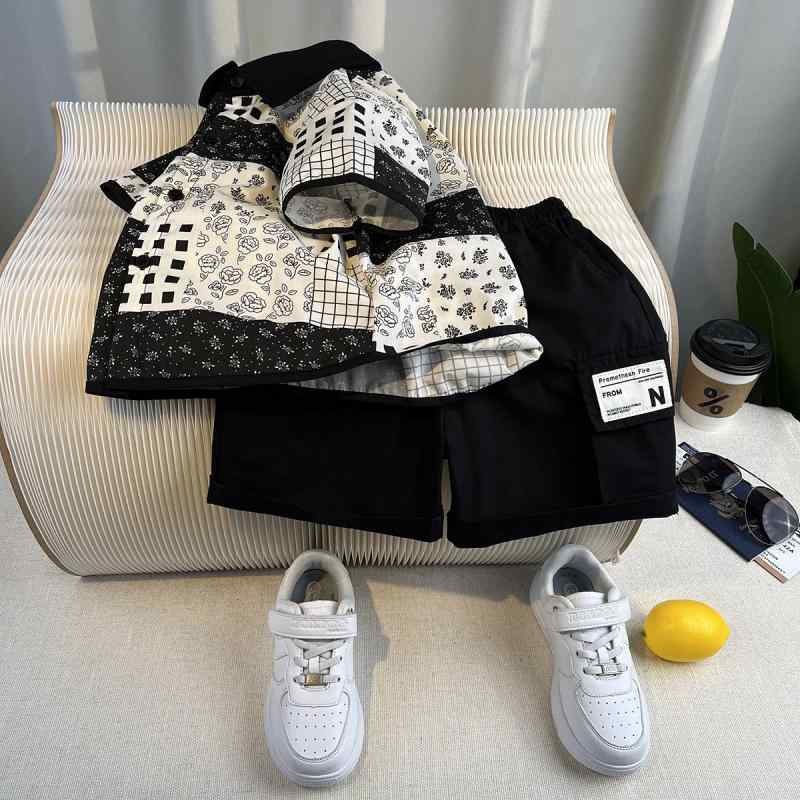 半袖シャツ 男の子 子供 赤ちゃん 綿 ポリエステル 上下揃い 2点組 春夏 日常使い ストリート系 おしゃ..