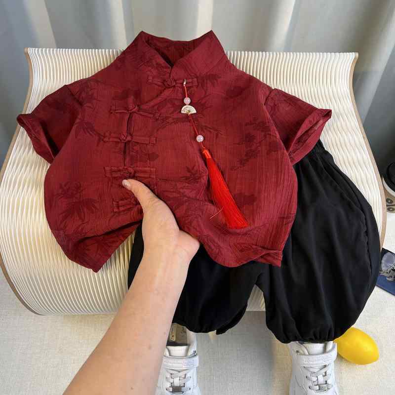 中国の伝統服 男の子 ベビー キッズ 子供用 セットアップ 中国風 現代中国風 古典風 伝統衣装 春夏 薄手 軽量 半袖 1歳 誕生日 発表会 舞台 舞台衣装 礼服 フォーマル ポリエステル 竹柄 赤