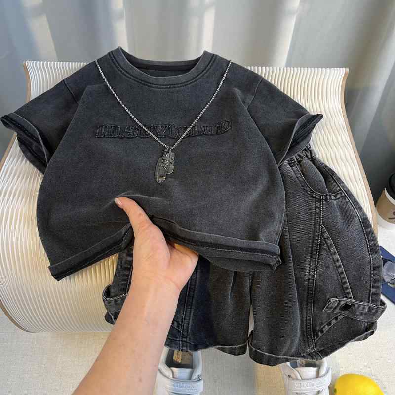 セットアップ 男の子 半袖 Tシャツ ショートパンツ 2点セット 春夏 高級感 おしゃれ ストリート 街着 韓国風 綿混 通気性 薄手 ブラック 普段使い