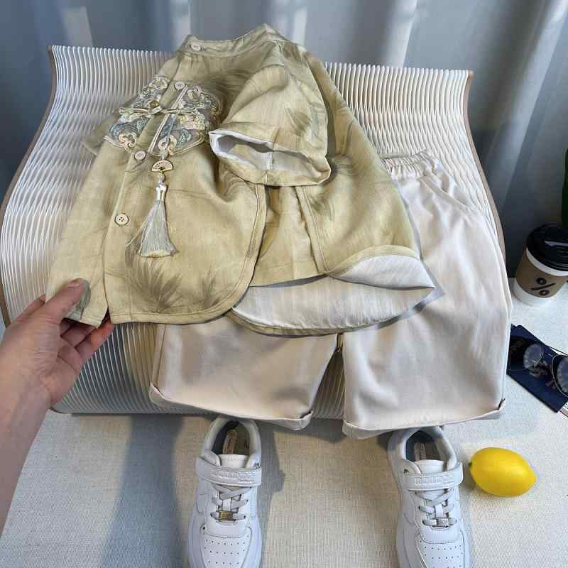 キッズ 男女兼用 新中華風 中国伝統衣装 上下セット 夏 1歳の誕生日 礼服 発表会 舞台 衣装 薄手 半袖 ポリエステル 竹柄 プリント 黄色