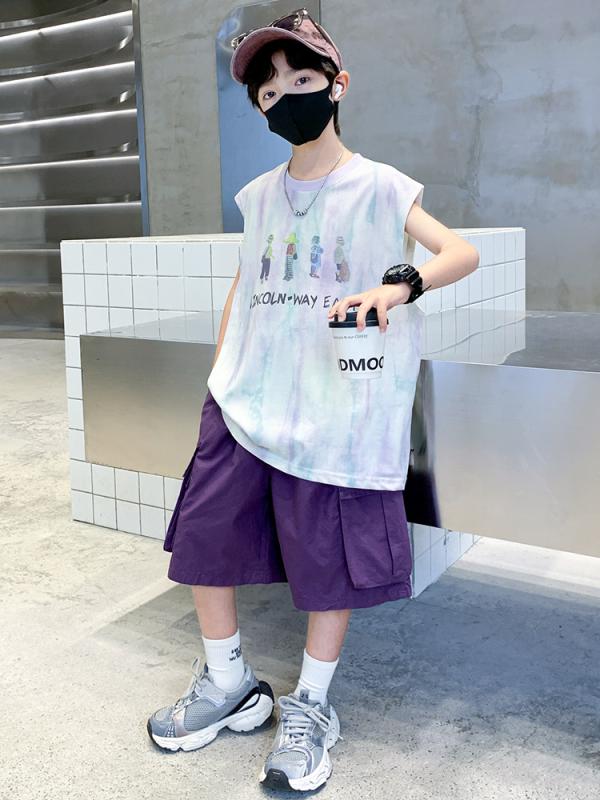 ・スタイル: スポーツ・セット内容: 2点セット・素材: 綿布・性別: 男性・参考身長: 120cm、130cm、140cm、150cm、160cm、170cm・カラー展開: パープル、イエロー・セット構成: ノースリーブとパンツ・厚さ: 薄手・開閉: プルオーバー・柄: プリント