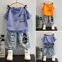 上下セット 子供 男の子 半袖 Tシャツ 半ズボン 春夏 綿 薄手 普段着 ベビー服 子供服 おしゃれ かっこいい ロゴ入り 黒 青 橙色