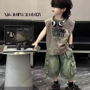 男の子用 ジーンズ半ズボン 袖なしチョッキ 薄手 絞り染め 韓国風 やんちゃ かっこいい 普段着 綿 通気性 春夏 上下2点セット
