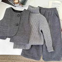 セットアップ キッズ 子供服 男の子 女の子 秋冬 裏起毛 厚手 暖かい ハイネックセーター タートルネックニット ベスト ジレ パンツ ズボン 3点セット カジュアル 日常使い 普段着 おしゃれ 綿混 ポリエステル 防寒着