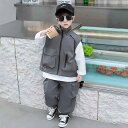 セットアップ 男の子 キッズ 春秋 ベスト 長ズボン Tシャツ 3点セット 綿 コットン 韓国風 おしゃれ ワークスタイル かっこいい カジュアル ブラック グレー