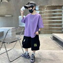 上下組 男の子 子供 少年 半袖Tシャツ 半ズボン 気軽な 運動用 薄手 軽量 春夏 普段使い 紫 薄灰色