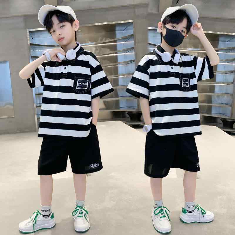 上下セット 男の子 子供 少年 夏物 半袖 短パン 運動着 普段着 縞模様 涼しい 普段使い 綿 薄手 軽量 吸湿速乾 二枚組