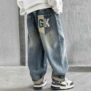 デニムパンツ 男の子 キッズ ジュニア 子供服 春秋 ワイドパンツ ゆったり だぼっとした ハイウエスト カジュアル 韓国風 おしゃれで流行の洗い加工の青い長ズボン 通学 普段着
