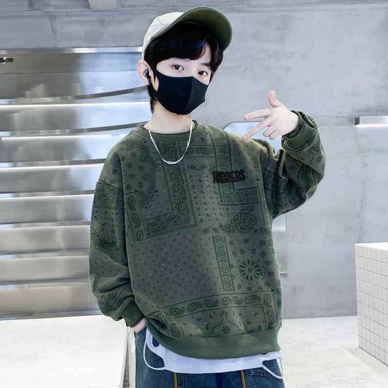 スウェット キッズ 男の子 長袖 クルーネック プルオーバー トップス 綿 コットンブレンド 伸縮性 ストレッチ 通気性 プリント ジュニア 子供服 春秋 カジュアル 普段着 グリーン カーキ