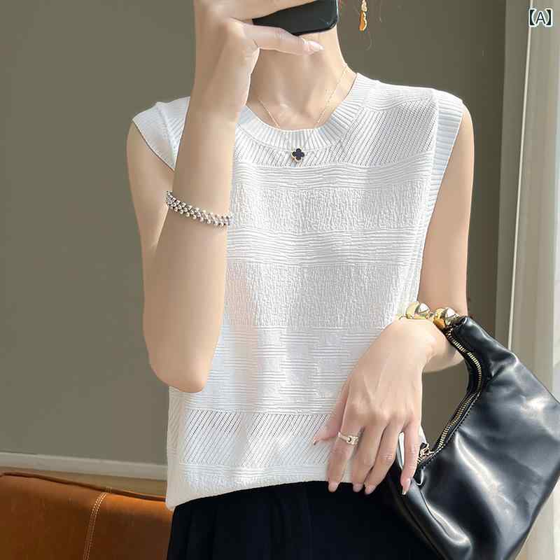 レディース トップス 上品 夏 ひんやり 快適 薄手 涼しい 涼しい ニットキャミソール ベスト ラウンド..