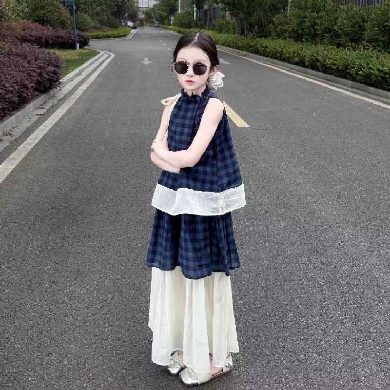 スカート 上下セット 女の子 子ども 成長期の子どもたち 春夏 韓国風 プリンセス風 自然な 気軽な おしゃれ 普段使い 薄手 通気性 涼しい 濃紺