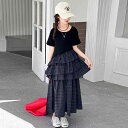 ジャンパースカート 女の子 ジュニア チェック柄 切り替え 重ね着風 春夏 おしゃれ かわいい 甘辛ミックス 袖なし カジュアル