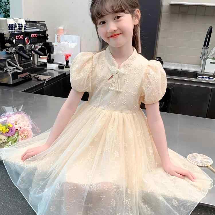 ワンピース 女の子 子供 キッズ 夏 中華風 プリンセスドレス 半袖 パフスリーブ スタンドカラー 刺繍 プリーツ 通気性 ミディ丈 普段使い カジュアル ポリエステル
