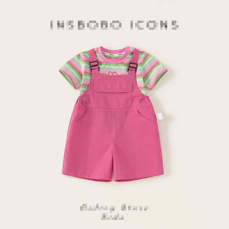 子供服 女の子 ベビー サロペット セットアップ オーバーオール 夏物 縦縞模様 薄手 桃色 普段着 お出..