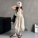上下セット 女の子用 夏物 普段使い おしゃれ 薄手 チョッキ 袖なし 幅広パンツ 七分丈ゆったりパンツ 二点組 薄茶色 茶色