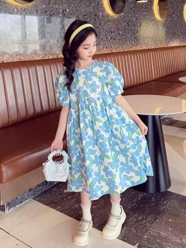 ワンピース 女の子 キッズ ジュニア 小花柄 半袖 ゆったり Aライン おしゃれ プリンセス 夏のお出かけ着 スカイブルー パープル