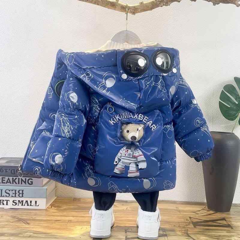 ジャケット 男の子 女の子 冬物 中綿コート 宇宙のくまさん柄 フード付き 厚手 保温 防寒 洗える お手入れ簡単 普段使い 通園 通学 幼児 小学生 ファスナ...