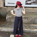 上下組 女の子 子供 少年少女 半袖 ポロシャツ 韓国系 夏物 幅広ズボン 薄手 気軽な 日常使い 2点組 通気性