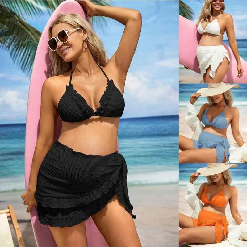 水着 マタニティ レディース 妊婦 セパレート ビキニ 3点セット 無地 ゆったり 背中開き ハイウエスト 体型カバー カップ付き ワイヤーなし プール ビーチ リゾート ブラック ブルー オレンジ