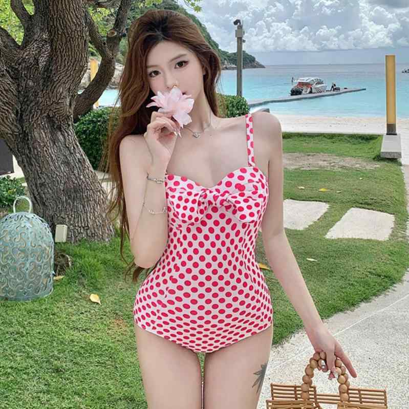 水着 レディース 女性用 ワンピース 水着 オールインワン ドット柄 リボン かわいい スイート フェミニン 長袖 マキシ丈 スカート型 胸パッド付き ノンワイヤー ナイロン素材 温泉 ビーチ リゾート 旅行 スパ プール 春夏