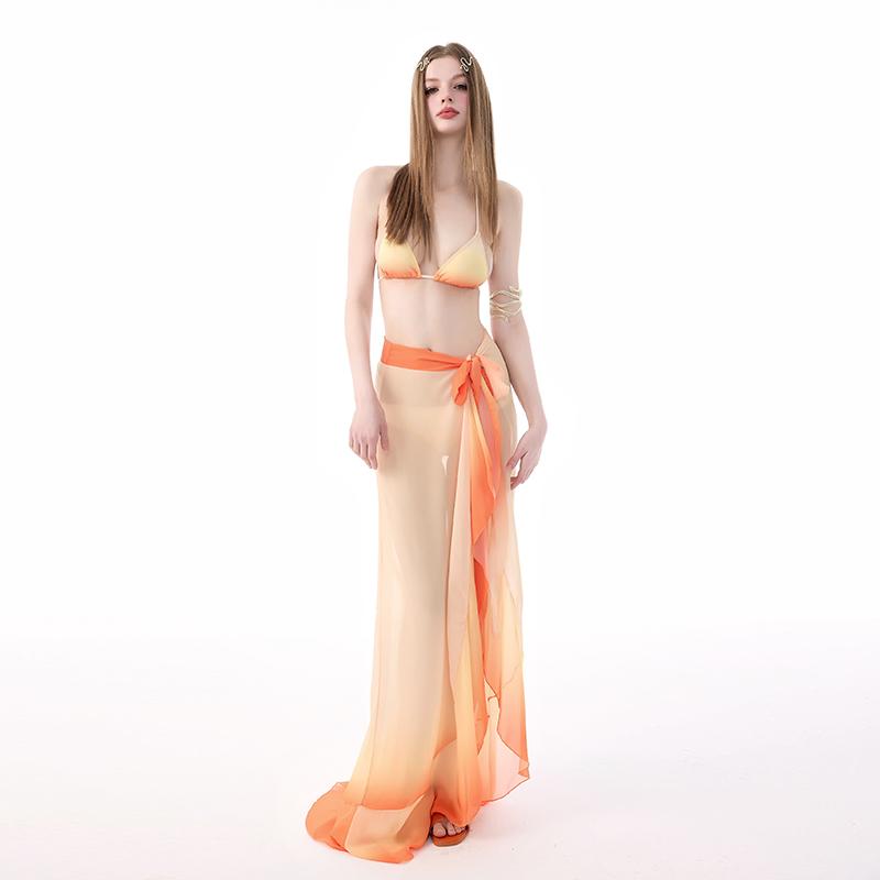 水着 レディース セクシー ビキニ 小胸さんも安心 カップ付き ノンワイヤー 3点セット マキシ丈スカート 温泉 ビーチ リゾート 体型カバー オレンジ