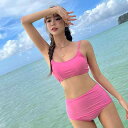 水着 レディース セパレート 2点セット ハイウエスト 体型カバー 無地 単色 胸パッド付き ノンワイヤー チューブトップ キャミソール スイムウェア ピーコックブルー ピンク アクアブルー
