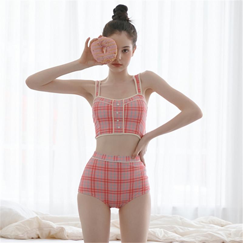 水着 女性用 レトロ チェック柄 セパレート 2点セット 女の子用 キャミソール 体型カバー ハイウエスト お腹を隠せる カップ付き ワイ..