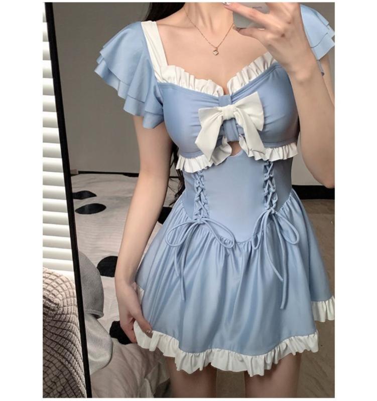 水着 レディース リボン ワンピース水着 体型カバー スイート アボカドグリーン スカート付き ボックス..