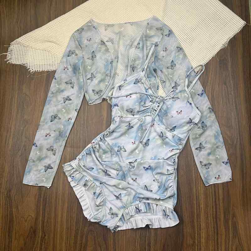 ワンピース水着 レディース 長袖カバーアップ 2点セット 蝶柄 高級感 SNS映え 大人かわいい 上品 速乾 カップ付き ワイヤーなし 青 リ..