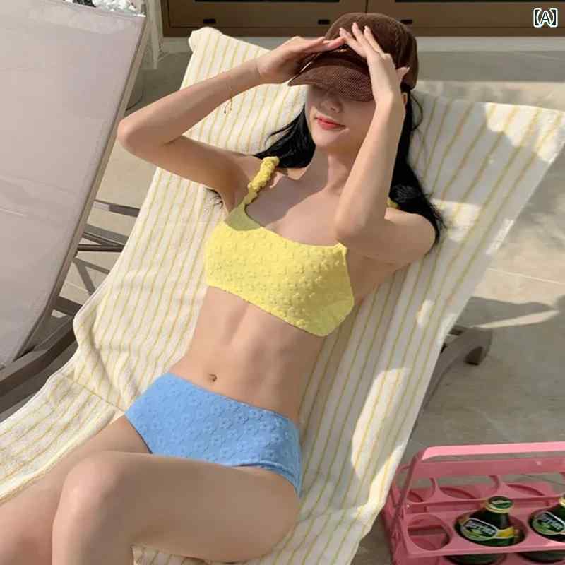 水着 レディース セクシー あどけない色気のある 高級感 セパレート 三角ビキニ カップ付き ワイヤーなし 温泉 プール リゾート ビーチ イエロー ライトブルー バイカラー