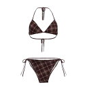 水着 レディース 女性用 セクシー ホルターネック スリーピース ビキニ セパレート パッド付き ワイヤーなし 高級感 レトロ ヴィンテージ プリント柄 チェック柄 ブラウン 茶色 スイムウェア セット
