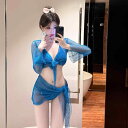 水着 レディース セパレート ビキニ 4点セット 高級感 メッシュ トライアングル パッド付き ノンワイヤー セクシー ピュアな色気 トレンド 温泉 リゾート レジャー ブルー