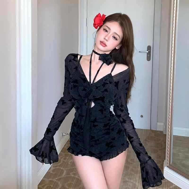 水着 レディース 春夏 高級感 可憐で魅惑的なデザイン セクシー レース ワンピース 長袖 三角カット リゾート 温泉 海 ビーチ 日焼け対策 カップ付き カジュアル ブラック