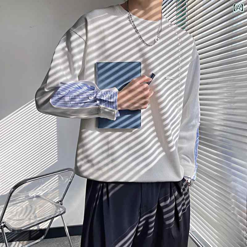 メンズ トップス スウェット Tシャツ カジュアル ファッション おしゃれ トレンディ 手 袖 デニムパッチワーク シャツ カジュアル 長袖 Tシャツ T ファッション フェイク セットアップ ジャケット T