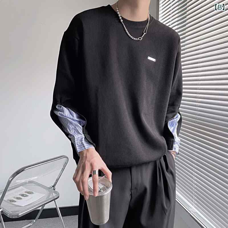 メンズ トップス スウェット Tシャツ カジュアル ファッション おしゃれ トレンディ 手 袖 デニムパッチワーク シャツ カジュアル 長袖 Tシャツ T ファッション フェイク セットアップ ジャケット T