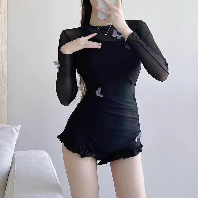 水着 レディース 女の子・学生向け 2点セット ワンピース 長袖ラッシュガード UVカット 日焼け防止 パッド入り ノンワイヤー 高級感のある可愛らしいカジュアルスタイル ブラック