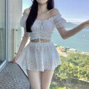 水着 スイムウェア レディース 女性用 セパレート 半袖 スカート オフショルダー 体型カバー 着痩せ リゾート 休暇 温泉 プール 冬 ホワイト
