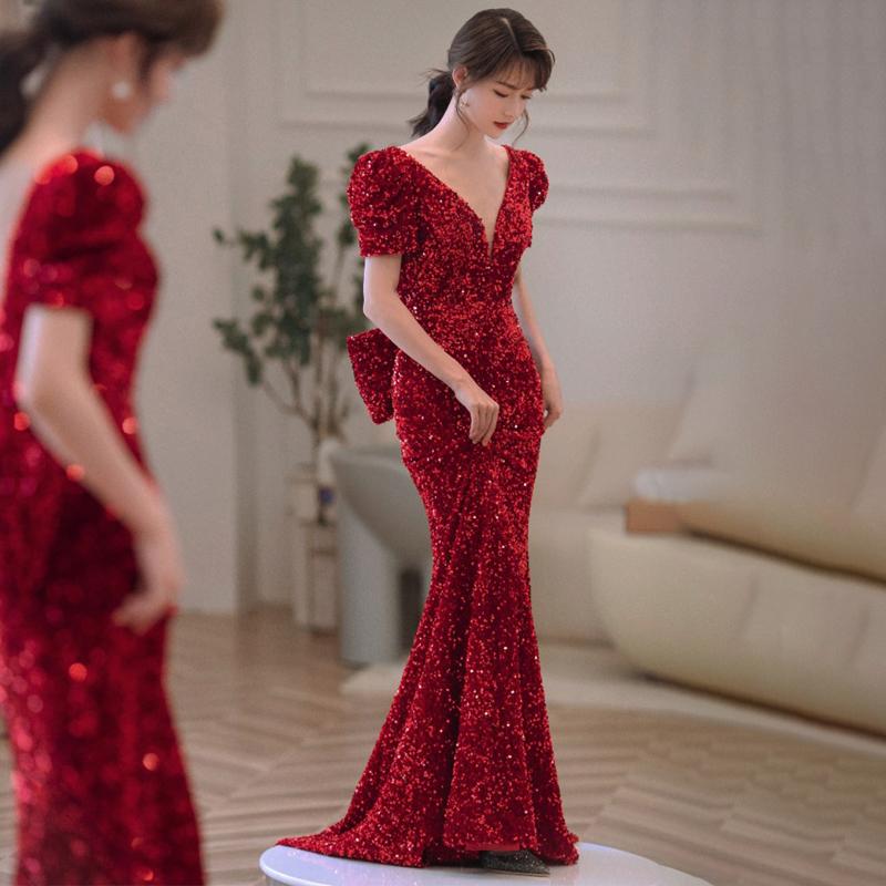 ドレス レディース マーメイドライン スパンコール 高級感 レッド 赤 ワインレッド 披露宴 謝恩会 宴会..