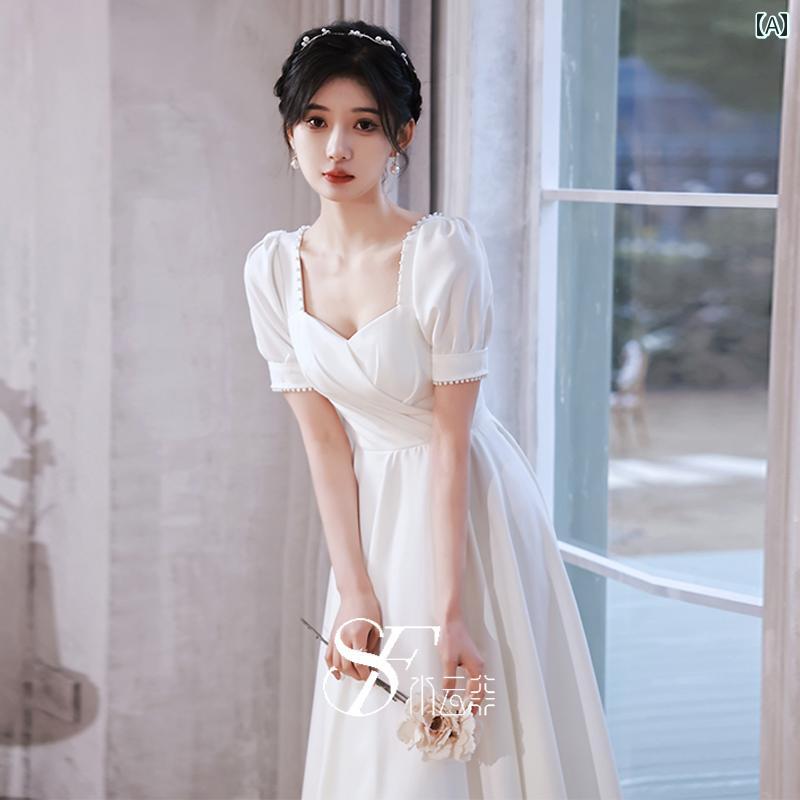 ドレス レディース サテン ホワイト 高級感 上品 エレガント 結婚式 二次会 パーティー お呼ばれ フォーマル 謝恩会 発表会 半袖 パフスリーブ スクエアネック ミモレ丈 細身 パール飾り 秋冬