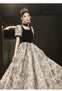 ドレス レディース フォーマルドレス イブニングドレス ロングドレス ブラック 花柄 春秋 高級感 エレガント クラシカル 宴会 パーティー 成人式 発表会 演奏会 Uネック パフスリーブ 五分袖 プリンセスライン