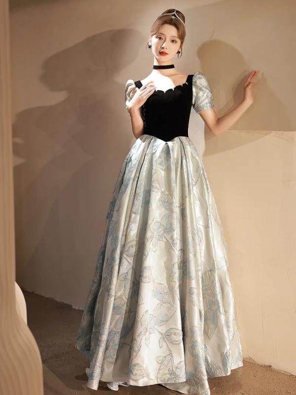 ドレス ロングドレス フォーマルドレス イブニングドレス 高級感 エレガント さりげない高級感 演奏会 発表会 結婚式 二次会 謝恩会 忘年会 司会 ブラック 刺繍 パフスリーブ 五分袖 プリンセスライン 花柄