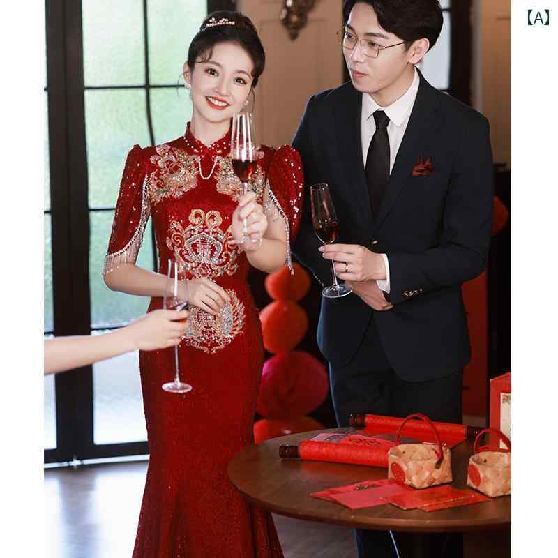 チャイナドレス レディース 新チャイナ風 ウェディング 披露宴 結婚式 スパンコール 高級感 赤 ワイン..